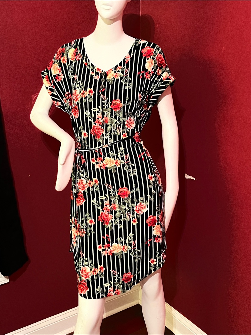 Bobbie Brooks Black Striped Mini Dress with Red Floral Accents
